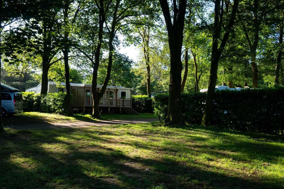 Manufactured home with a deck set among mature shade trees on a spacious lot at Woodbine Oaks Mobile Home Park in Butler PA