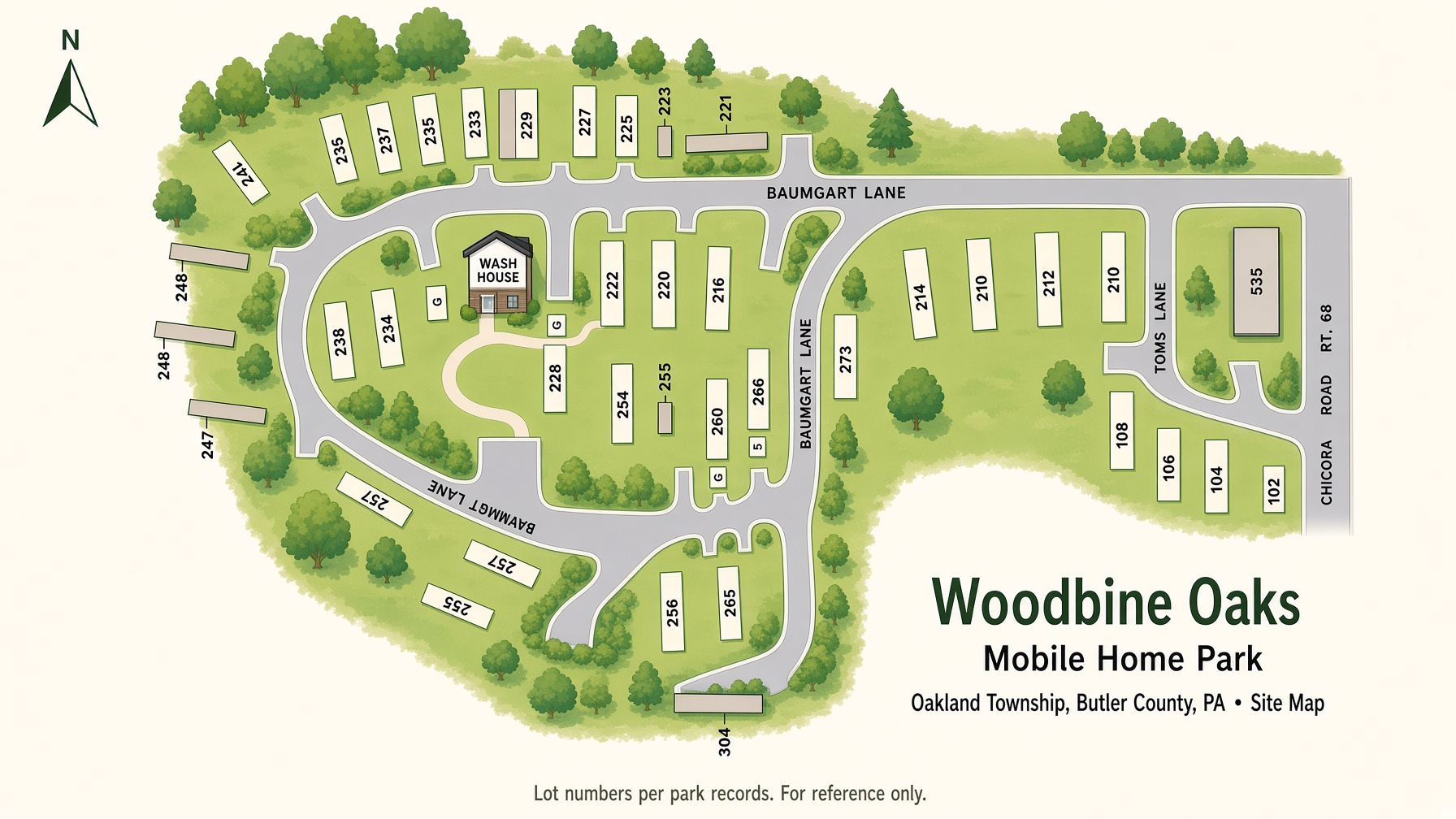 Site map of Woodbine Oaks Mobile Home Park in Oakland Township, Butler County PA, showing numbered lots along Baumgart Lane, Toms Lane, and Chicora Road (Rt. 68), plus the wash house
